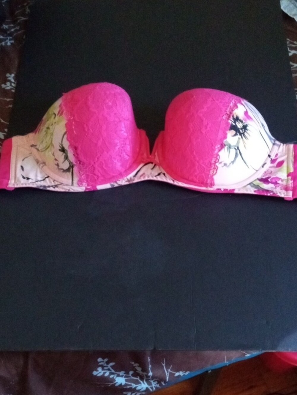 Cacique Hot Pink Lace Strapless Bandeau with Floral Printed Band 40DDD